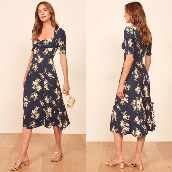 REFORMATION Matin Dress Navy Floral Midi